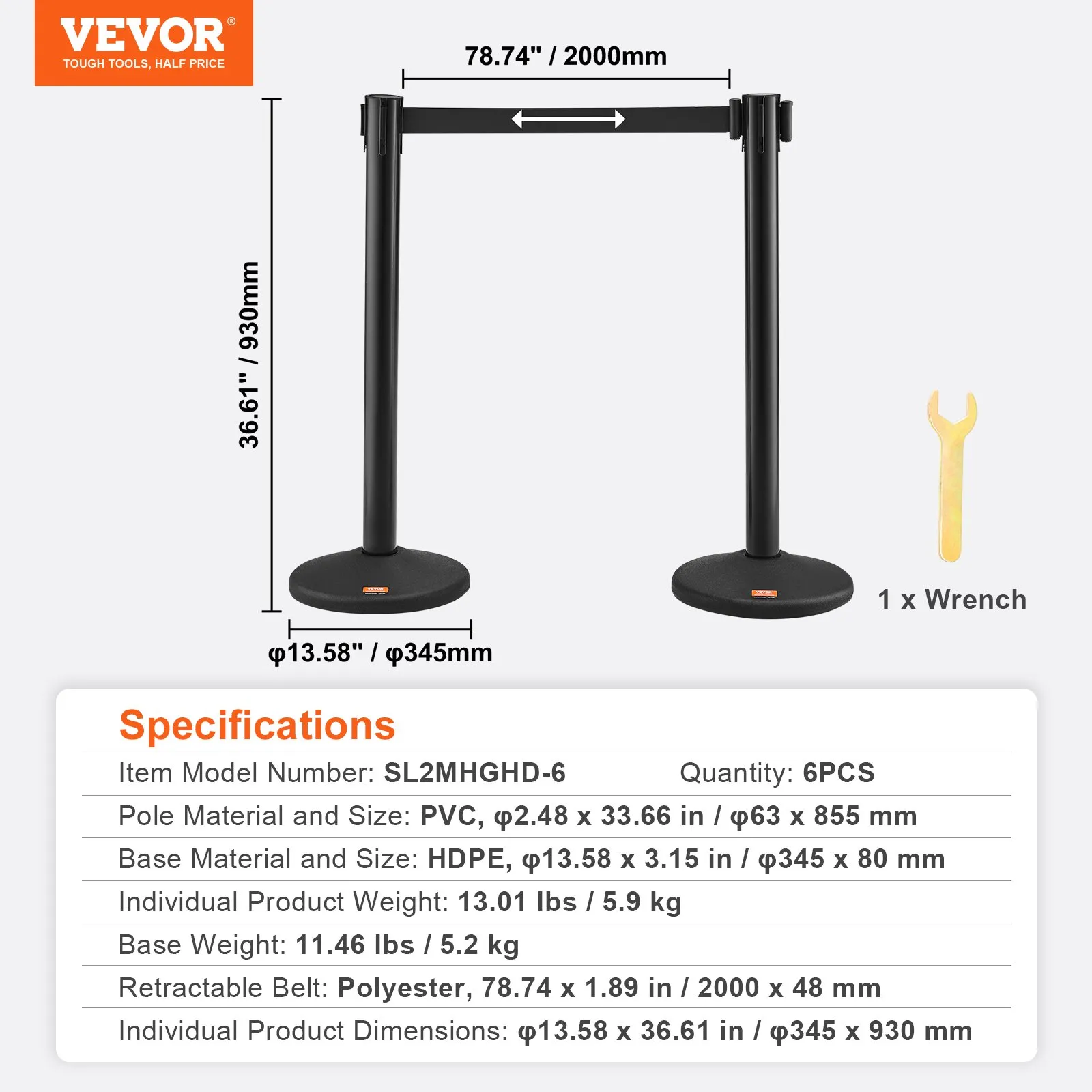 Systém na reguláciu davu Bariérová páska Bariérový stĺpik 6-dielny, 2 m x 48 mm čierny navíjací pás, bariérové stĺpiky systému na reguláciu davu vhodné pre letiská, veľtrhy, miesta konania súťaží atď. – Obrázok 5