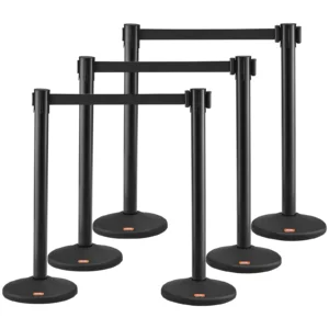 Systém na reguláciu davu Bariérová páska Bariérový stĺpik 6-dielny, 2 m x 48 mm čierny navíjací pás, bariérové ​​stĺpiky systému na reguláciu davu vhodné pre letiská, veľtrhy, miesta konania súťaží atď.