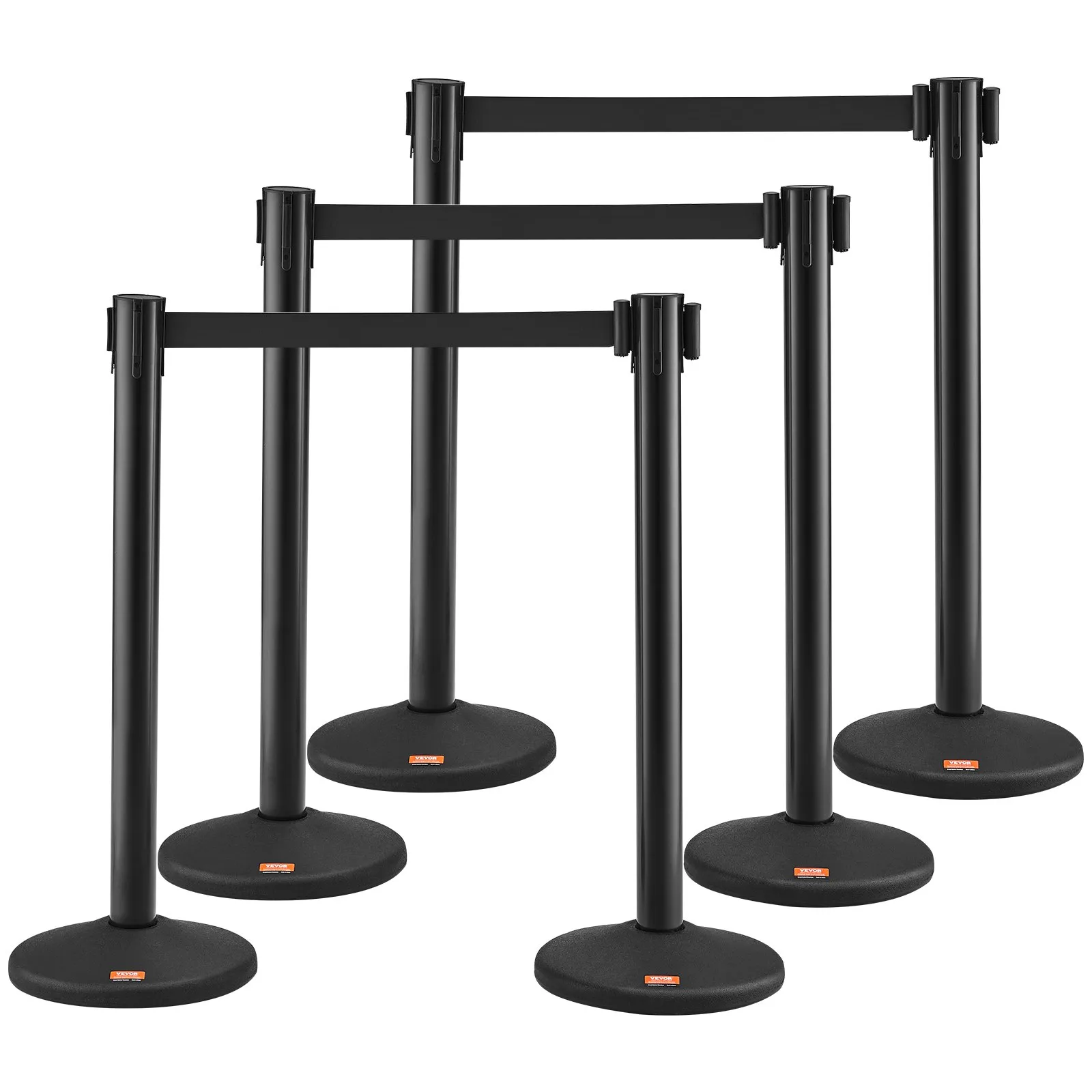 Systém na reguláciu davu Bariérová páska Bariérový stĺpik 6-dielny, 2 m x 48 mm čierny navíjací pás, bariérové stĺpiky systému na reguláciu davu vhodné pre letiská, veľtrhy, miesta konania súťaží atď.