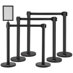Systém na kontrolu davu, bariérový pás, 6-dielny, 2 m x 48 mm čierny navíjací pás, bariérové stĺpiky so značením pre letiská, veľtrhy, miesta konania súťaží atď.