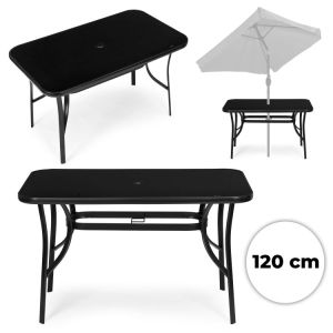 Záhradný stôl 120x70 cm z tvrdeného skla s otvorom na slnečník, čierny MultiGarden