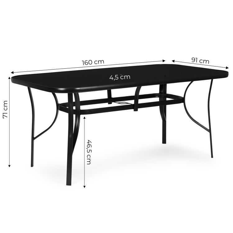 Záhradný stôl 160x90 cm z tvrdeného skla s otvorom na slnečník, čierny MultiGarden – Obrázok 2