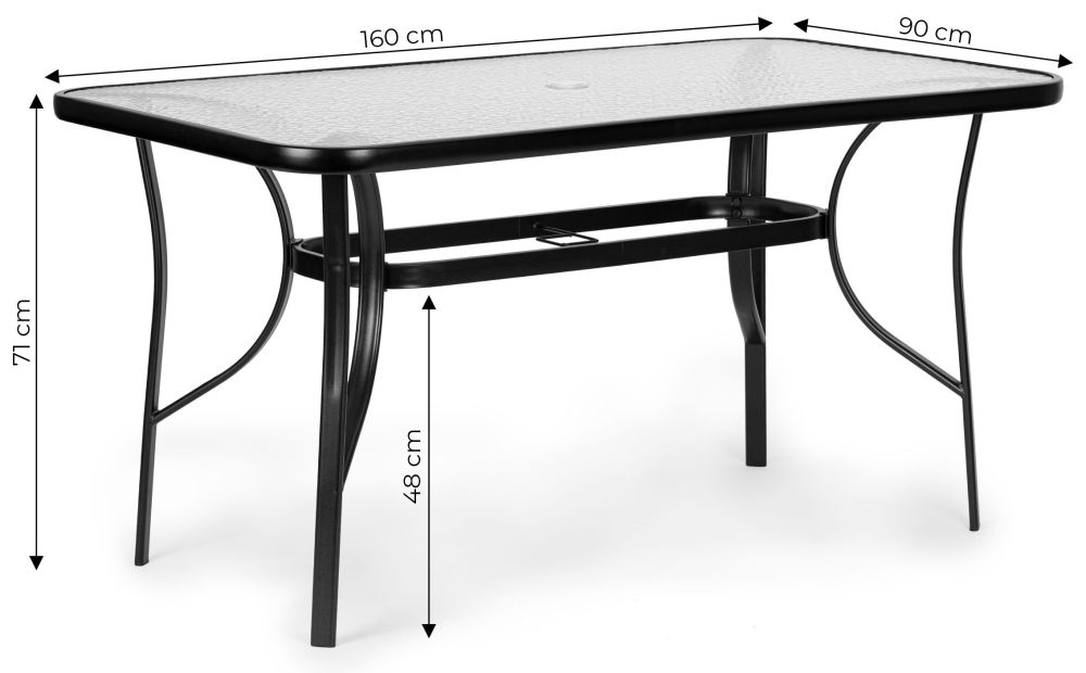 Záhradný stôl 160x90 cm s tvrdeným sklom, veľká doska na záhradnú terasu s otvorom pre slnečník, MultiGarden – Obrázok 2