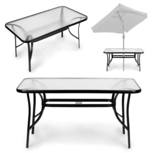 Záhradný stôl 160x90 cm s tvrdeným sklom, veľká doska na záhradnú terasu s otvorom pre slnečník, MultiGarden