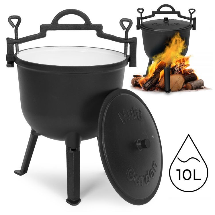 Liatinový smaltovaný kotol 10L, stojaci poľovnícky hrniec, gril na oheň MultiGarden