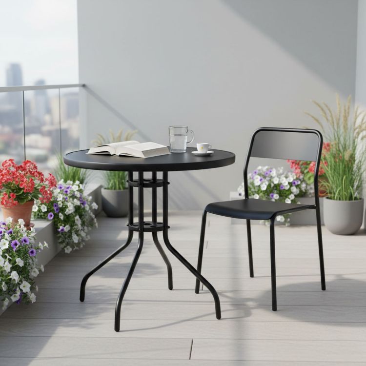 Okrúhly záhradný stôl 80 cm, tvrdené sklo, otvor na slnečník, čierny, MultiGarden – Obrázok 3