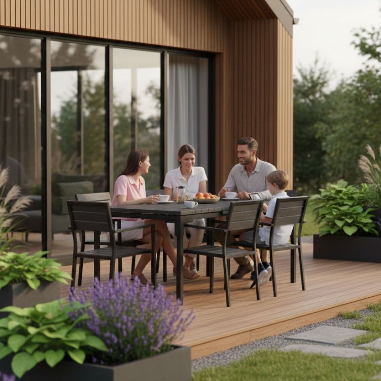 Rozkladací záhradný stôl 180-240 cm, až 12 miest na sedenie, oceľ, HDPE, sivý, MultiGarden – Obrázok 6