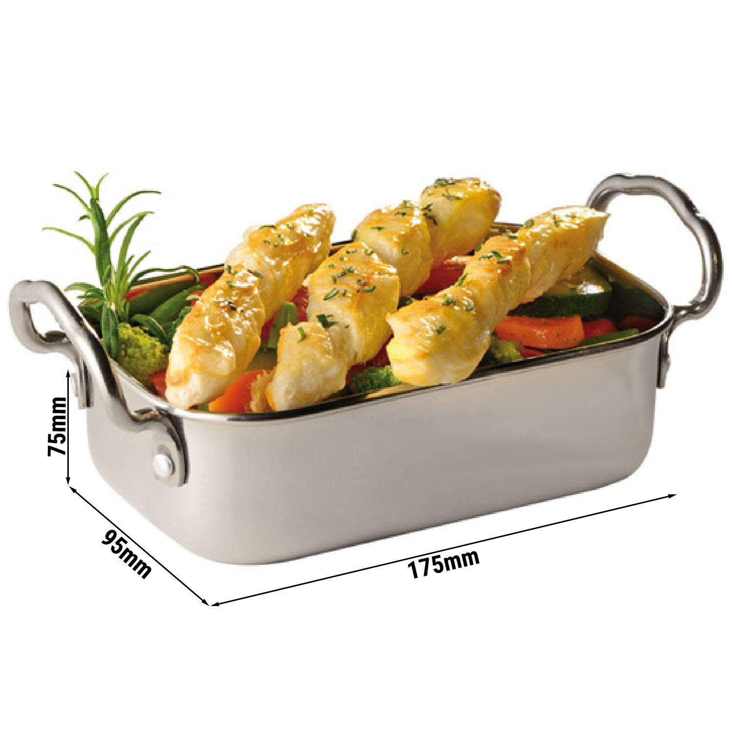(6 kusov) Mini servírovacia panvica - držiak na občerstvenie - nehrdzavejúca oceľ - 0,5 litra - 145 x 95 mm – Obrázok 3