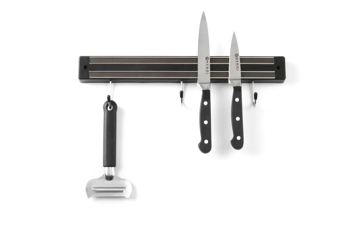 Magnetická lišta s háčikmi, HENDI, 3 háčiky, Čierna, (L)340mm – Obrázok 2