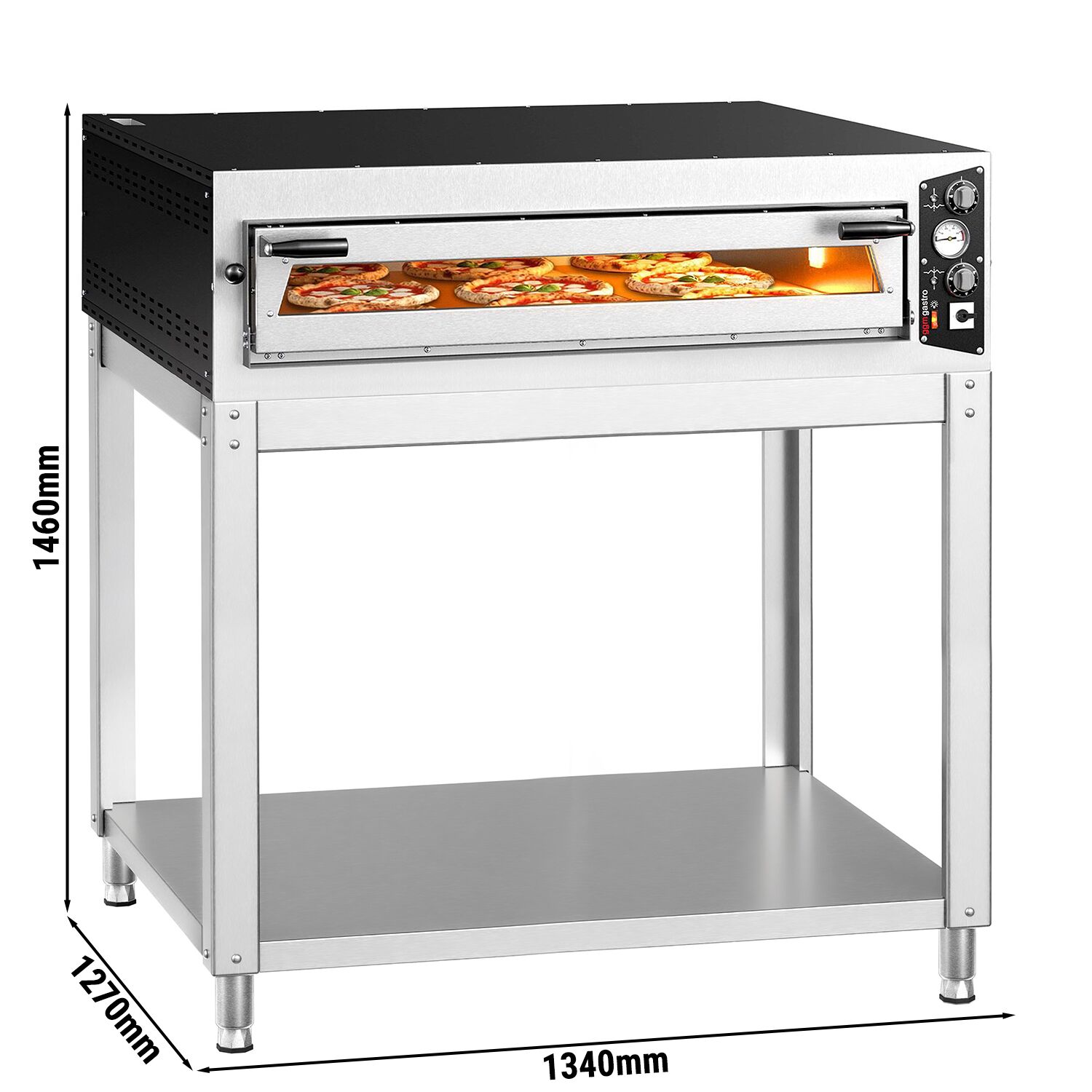 Elektrická viacposchodová pec na pizzu – jednopodlažná – dno zo žiaruvzdorného kameňa – 9 x Ø 34 cm (13,4 palca) – 230 V, trojfázový prúd – mechanické ovládanie – do 450 °C – vrátane stojana – Obrázok 2