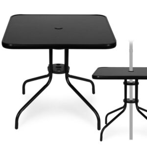 Štvorcový záhradný stôl 80 cm, tvrdené sklo, otvor na slnečník, čierny, MultiGarden