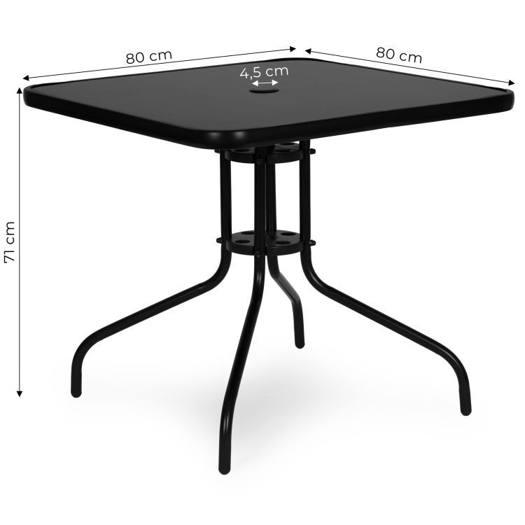 Štvorcový záhradný stôl 80 cm, tvrdené sklo, otvor na slnečník, čierny, MultiGarden – Obrázok 2