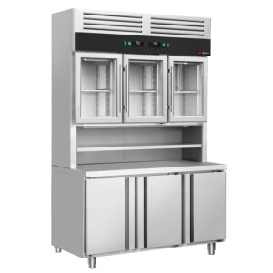 Chladený pult s nástennou chladiacou policou - 1350x800mm - 3 sklenené dvere hore, 3 dvere dole - pracovná plocha