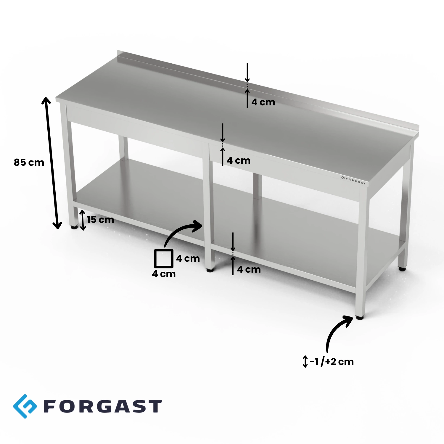 Nerezový pracovný stôl s policou 220z70z85 cm | FORGAST – Obrázok 4