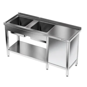 Nerezový stôl s 2-komorovým drezom 180x70x85 cm | FORGAST