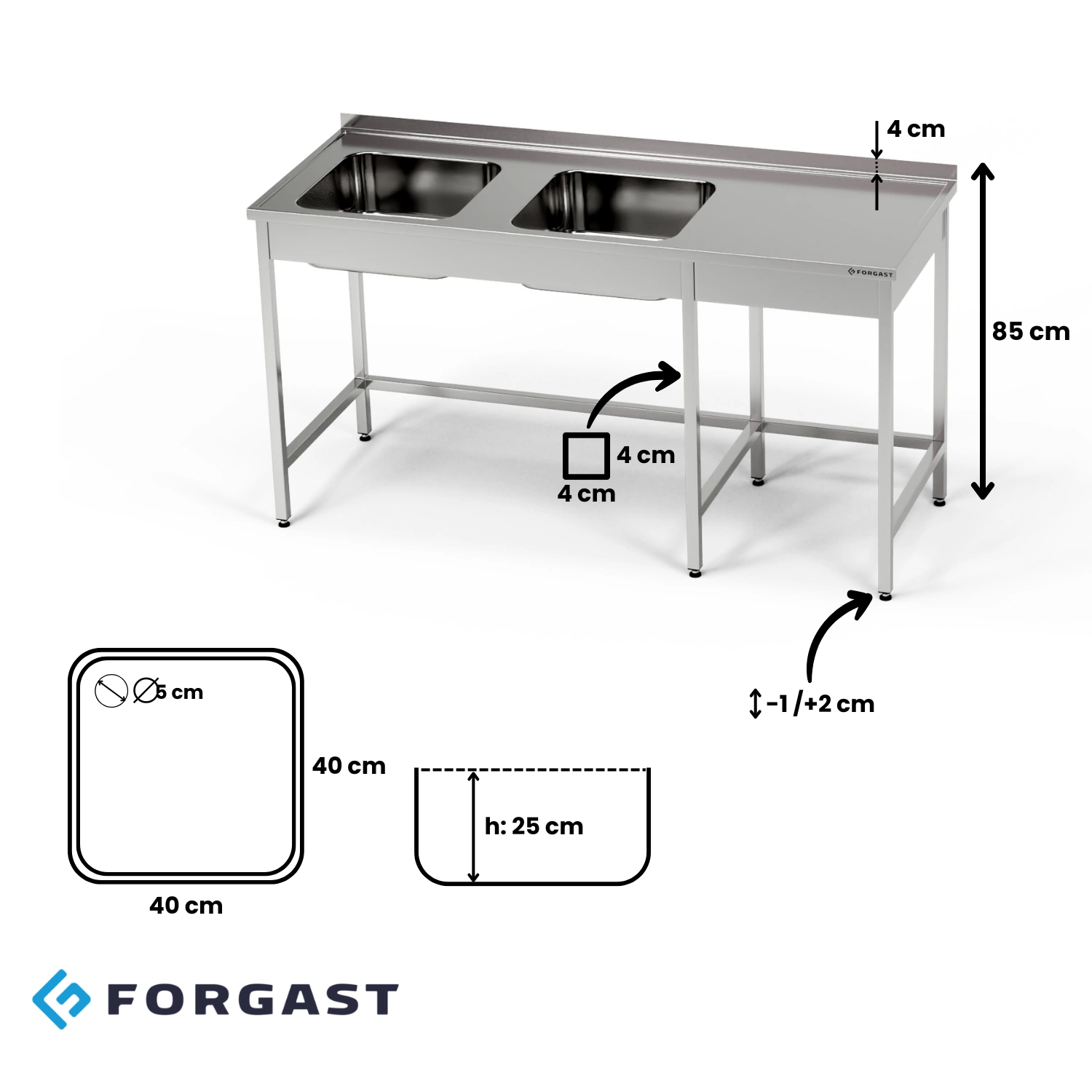 Nerezový stôl s 2-komorovým drezom 280x70x85 cm | FORGAST – Obrázok 4