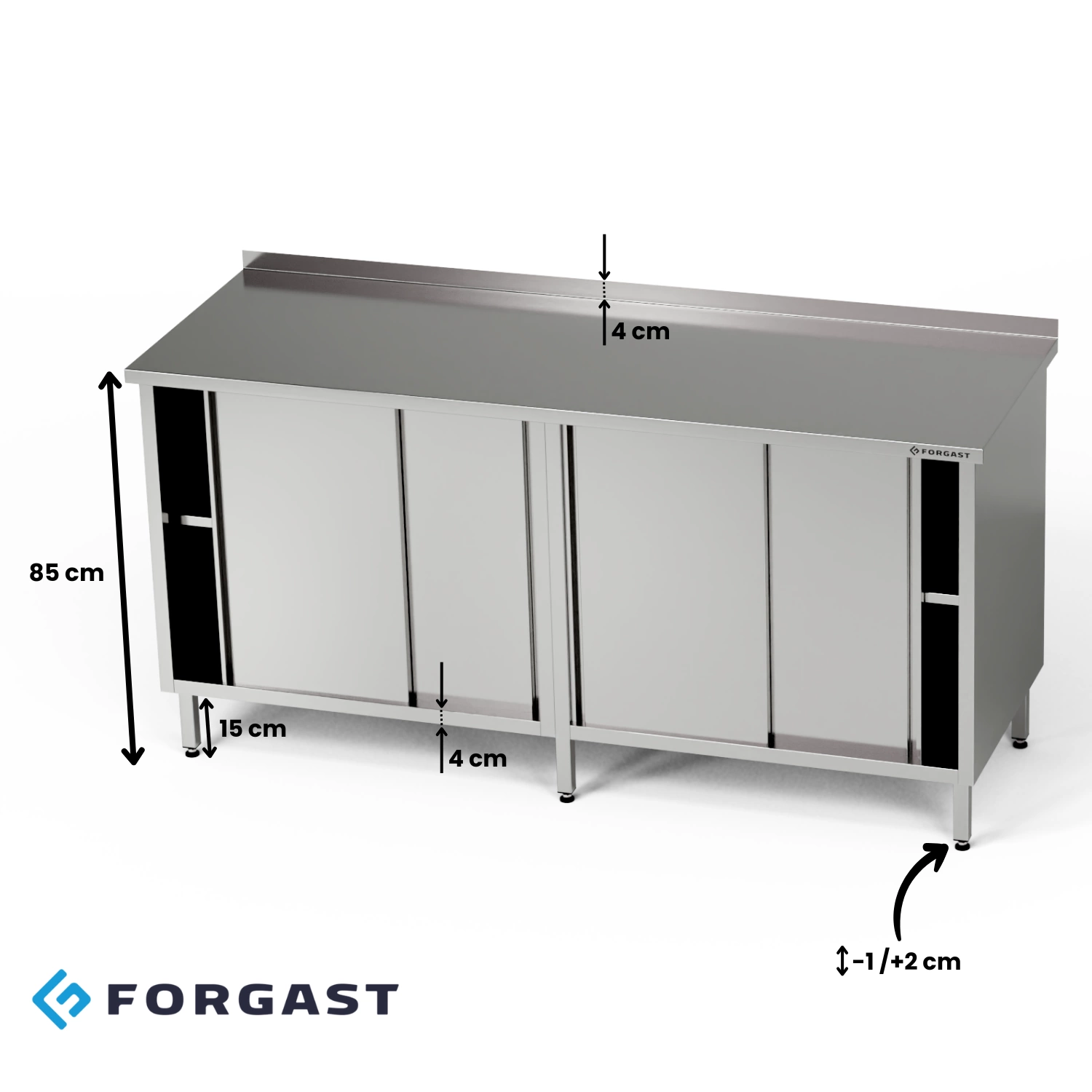Pracovný stôl z nehrdzavejúcej ocele s 2 skrinkami 190x70x85 cm | FORGAST – Obrázok 3
