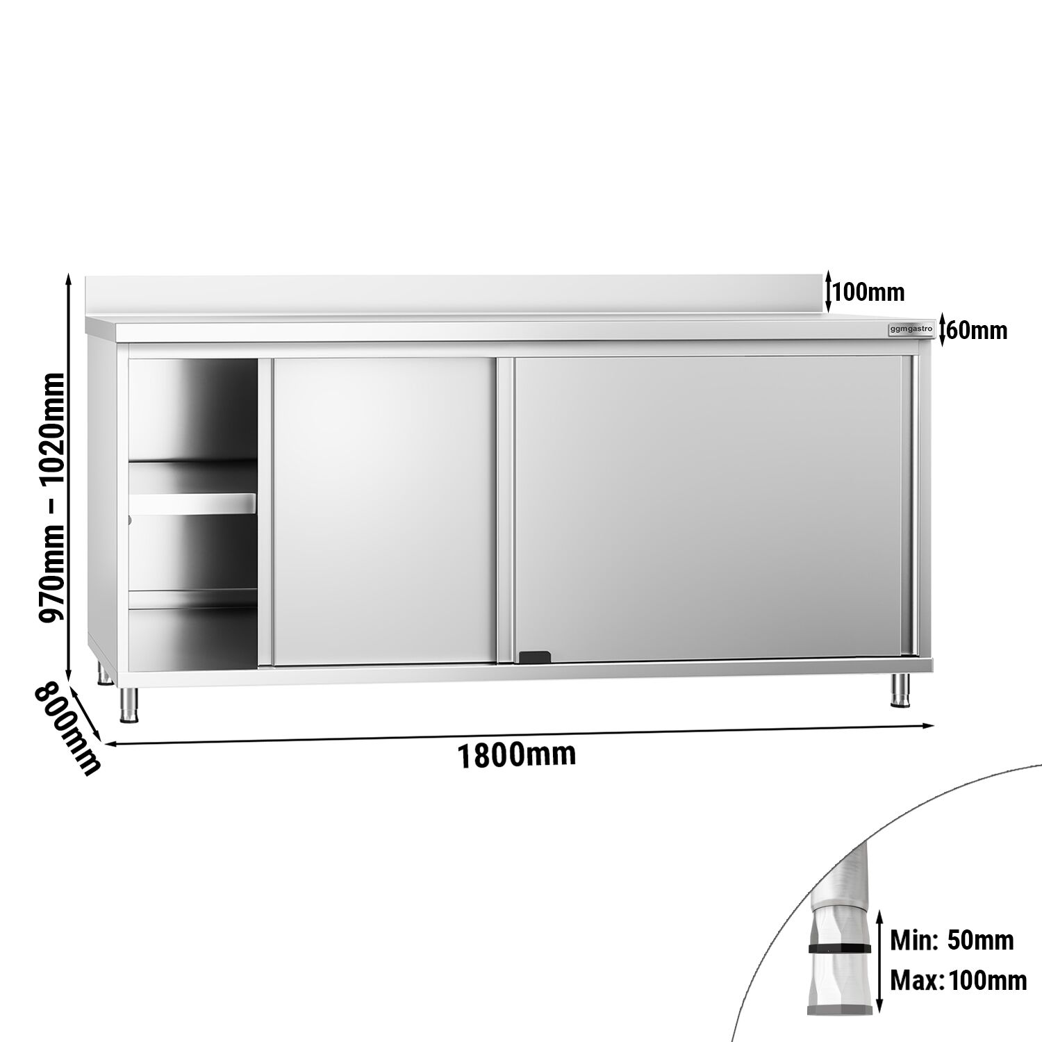 Nerezová pracovná skriňa PREMIUM - 1800x800mm - s posuvnými dverami a podstavcom