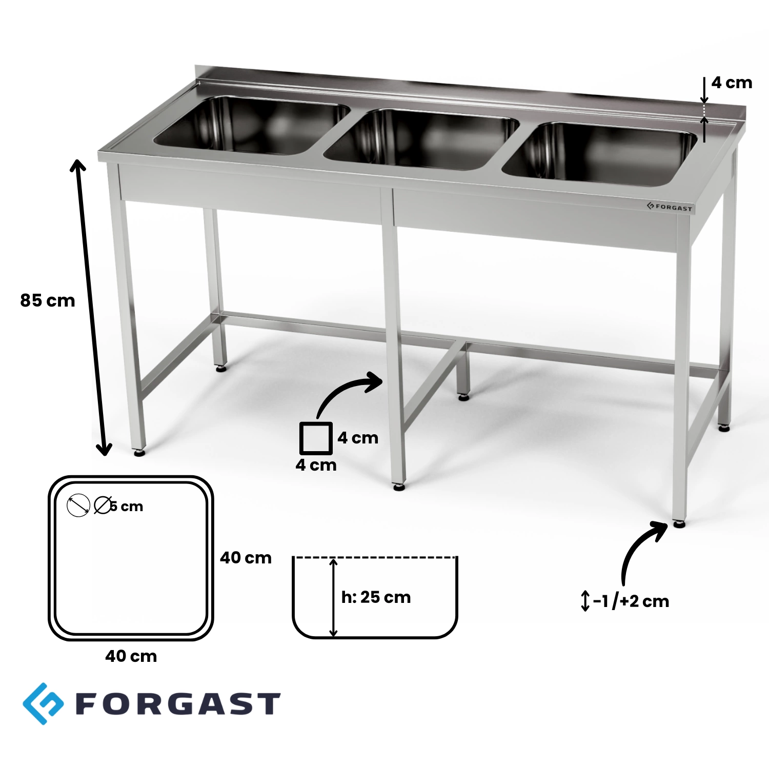Nerezový stôl s 3-komorovým drezom 280x60x85 cm | FORGAST – Obrázok 4