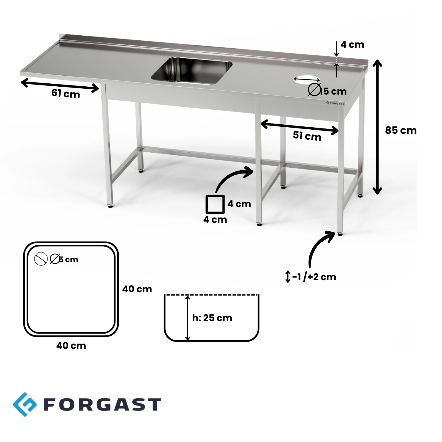 Nerezový stôl s drezom s 1 miskou, priestorom na umývačku riadu a otvorom na odpad 220x60x85 cm | FORGAST – Obrázok 4