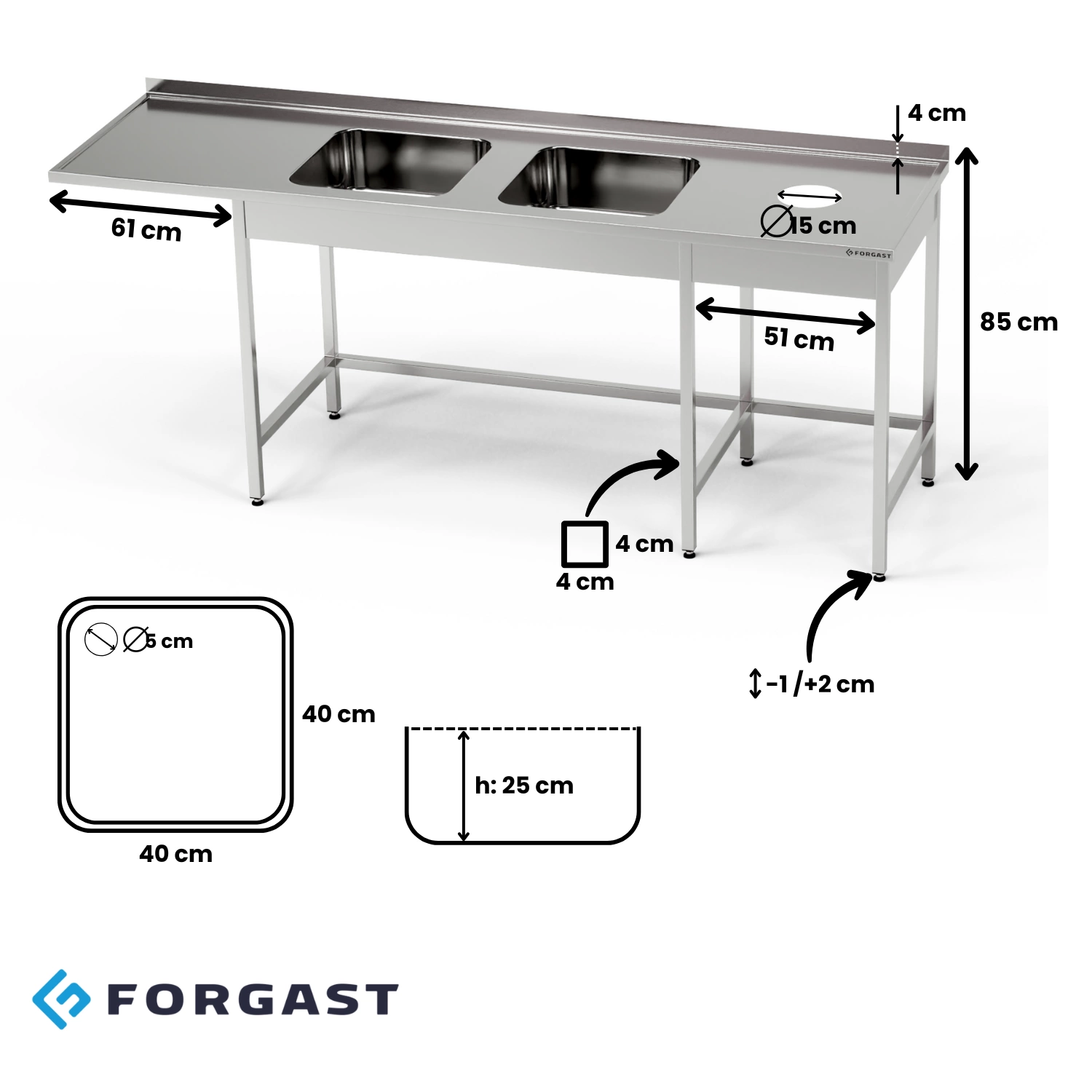 Nerezový stôl s drezom s 2 miskami, priestorom na umývanie riadu a otvorom na odpad 250x70x85 cm | FORGAST – Obrázok 4