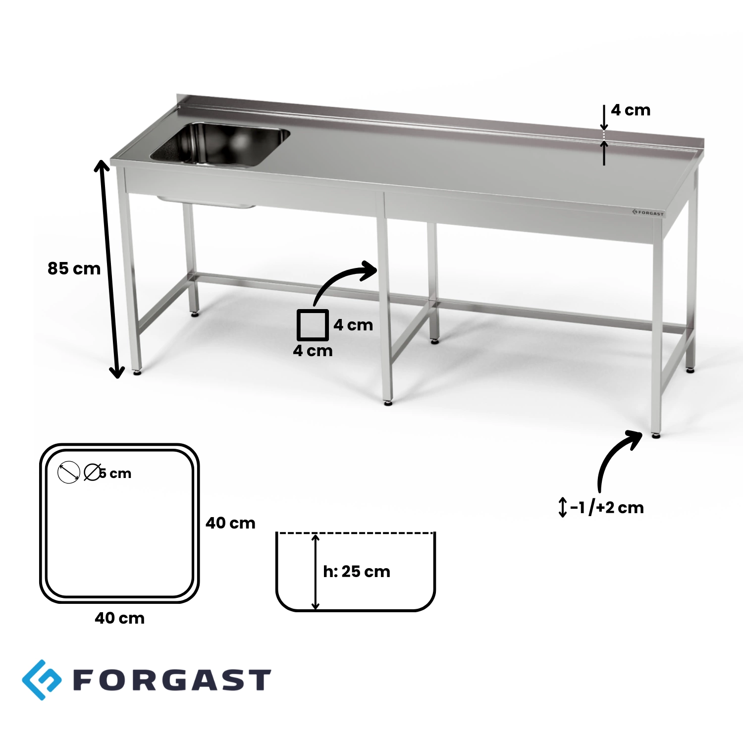Nerezový stôl s jednokomorovým drezom 220x60x85 cm | FORGAST – Obrázok 4