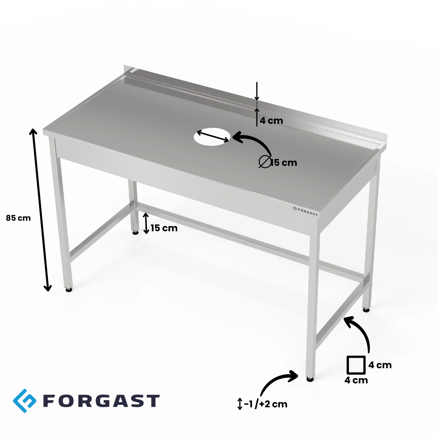 Nerezový stôl s otvorom na odpad 190x70x85 cm | FORGAST – Obrázok 4