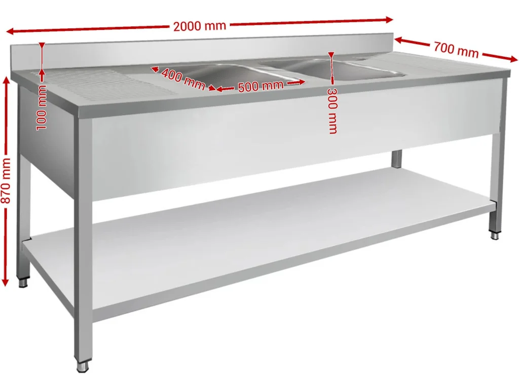 Drez nerezový s policou 2,0 m, 2 umývadlá v strede, hĺbka 70 cm – Obrázok 3