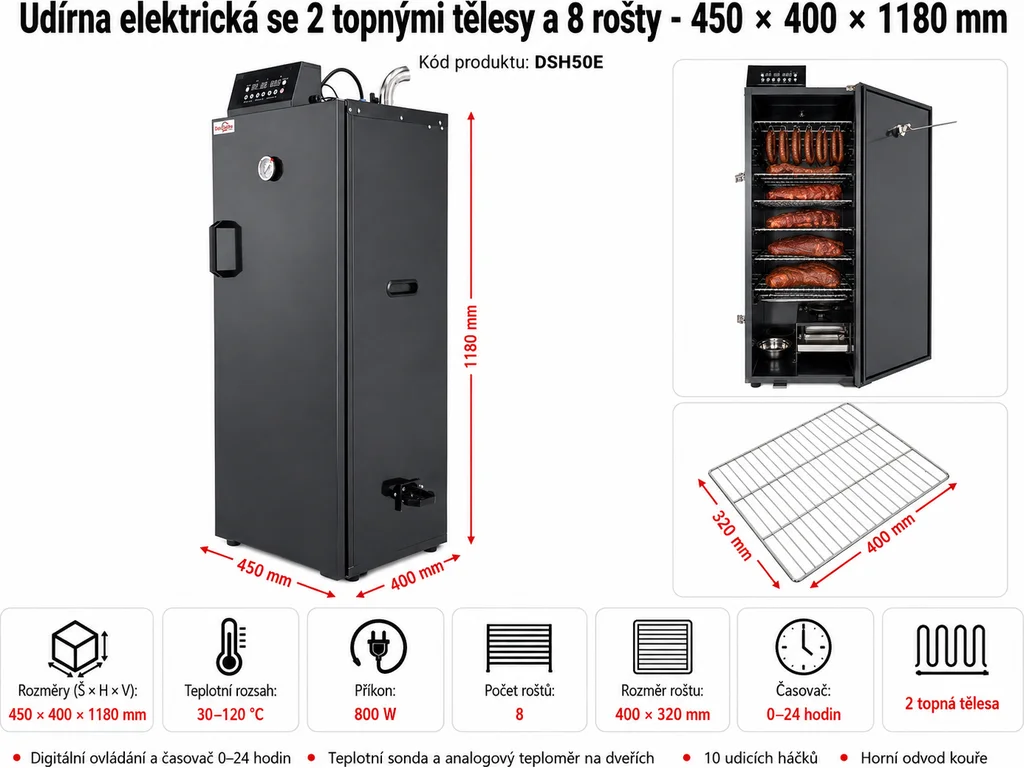 Elektrická udiareň s 8 roštami a dvoma vykurovacími telesami – 1 600 W – Obrázok 9