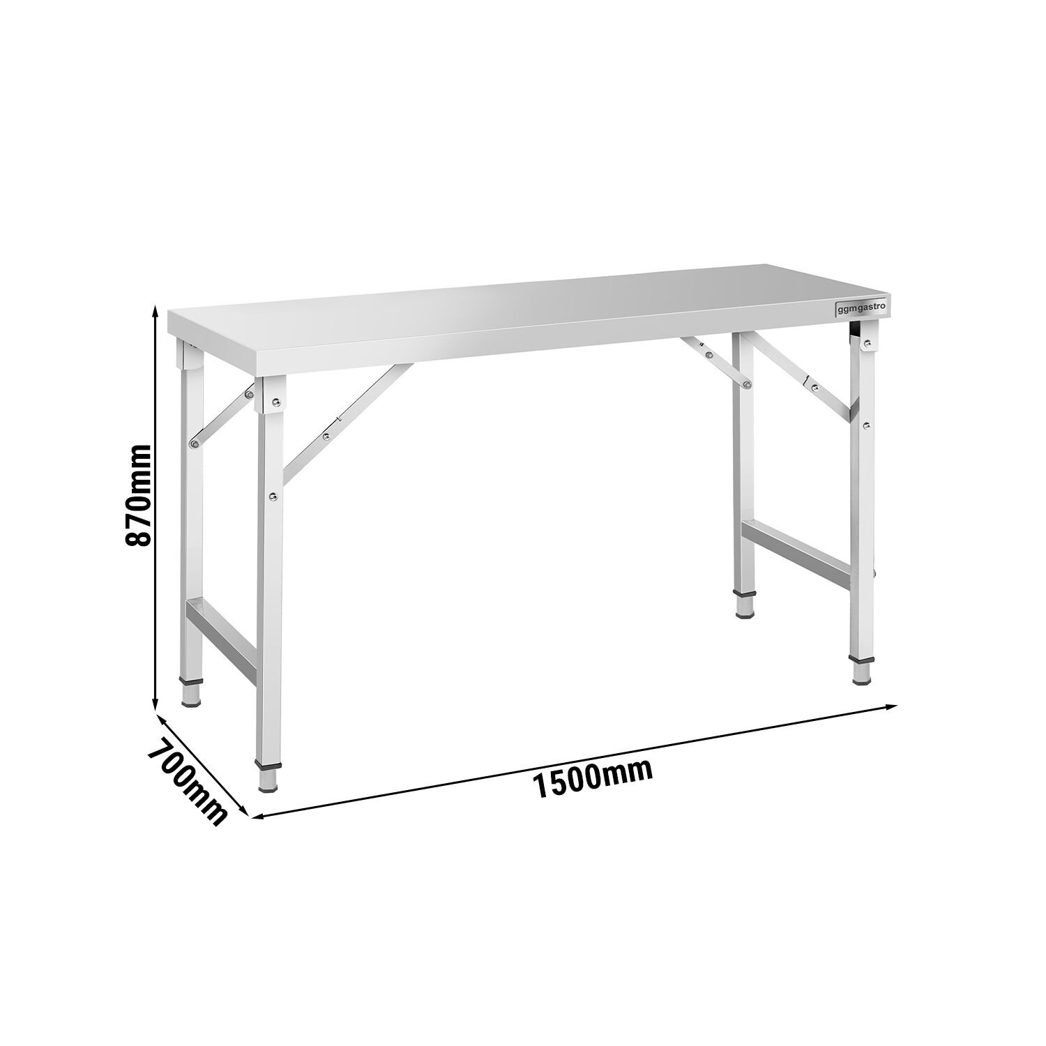 Nerezový pracovný stôl – skladací – 1500 × 700 mm